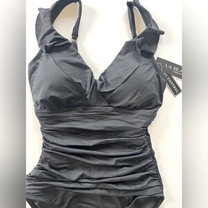 La Blanca Tummy Control Women's Size 8‎ Black Ruffle One Piece Swimsuit NWT
